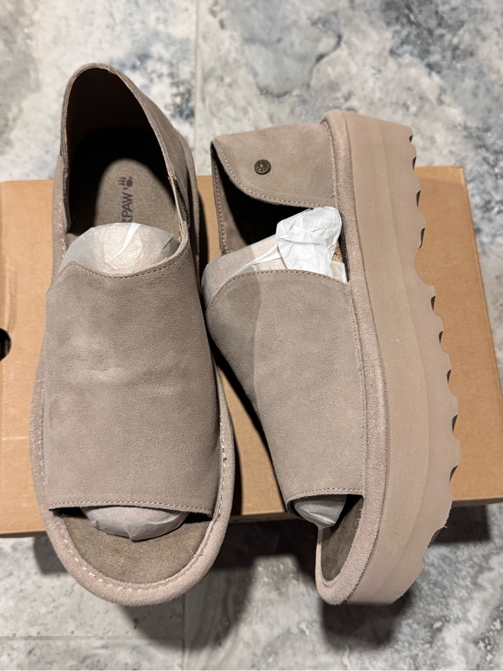 BearPaw Taupe Suede Platform Slide Sandals